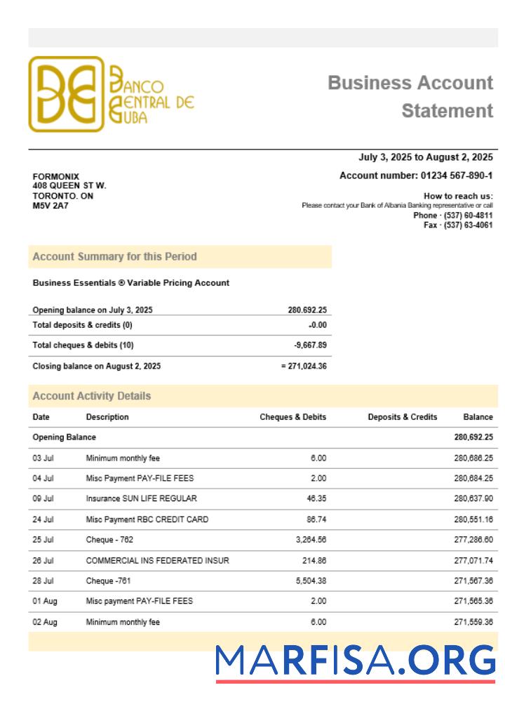 Printable Banco Central de Cuban bank business firm account statement Word snd PDF format sample